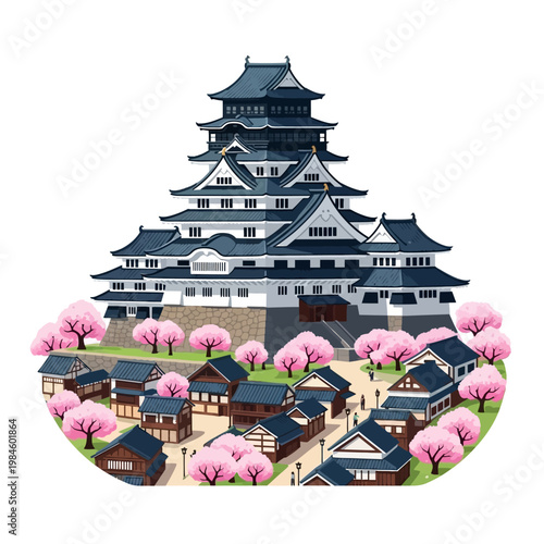 Japanese Castle and Cherry Blossoms