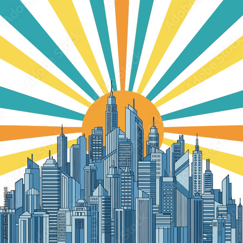 Modern Cityscape Sunrise Background with Geometric Rays and Tall Buildings