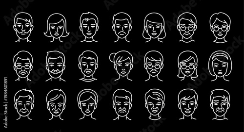 Collection of Diverse Hand Drawn Faces in White Outline Style.
