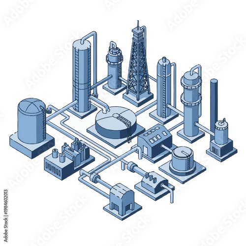 Isometric Industrial Plant Layout with Various Processing Units and Interconnected Piping.