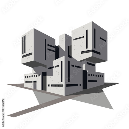 Modern Brutalist Architecture Building Design, Geometric Structure, Abstract Facade, Minimalist Style