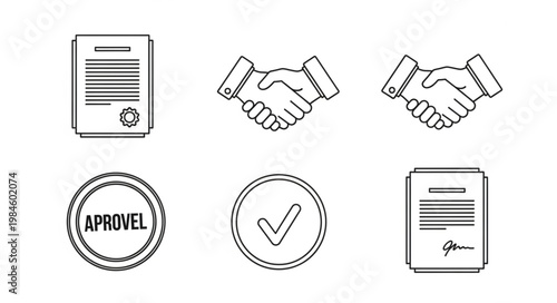 Business agreement handshake and approval icons.