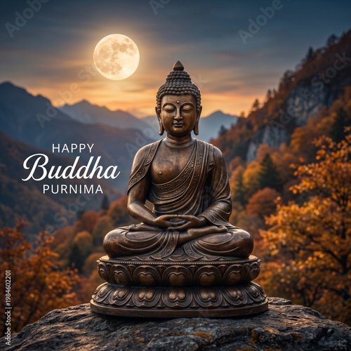 Buddha statue, serene mountain landscape, full moon, Happy Buddha Purnima