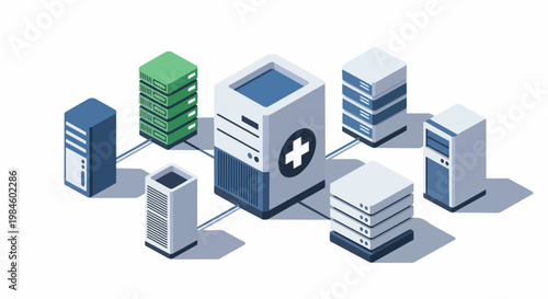 Isometric 3D medical data center and server network with healthcare icon, cloud computing and digital health records concept for hospitals and clinics.