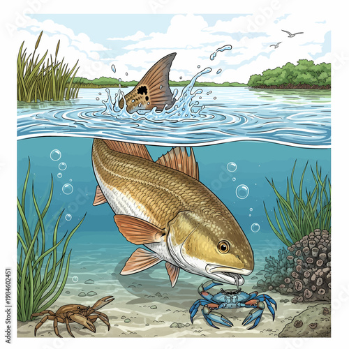 Redfish hunting blue crab in shallow water habitat vector illustration,