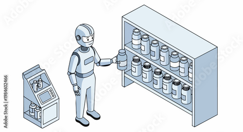 Isometric Illustration of a Robot Pharmacist Organizing Medicine Bottles on a Shelf, Futuristic AI Healthcare and Pharmacy Automation Concept