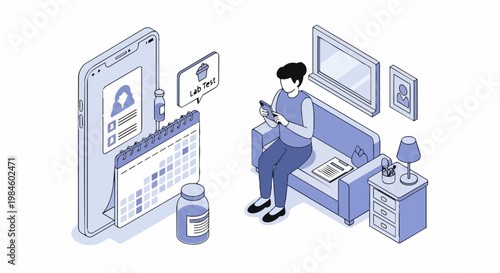 Telemedicine Isometric Illustration: Woman Scheduling Lab Tests and Medical Appointments via Mobile Healthcare App from Home