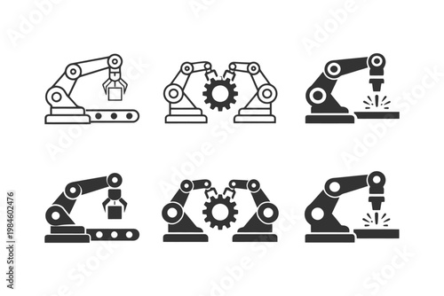 Set of factory robot arms engaged in assembly and welding tasks.