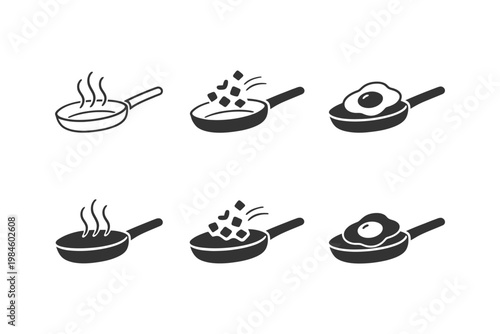 Icon set of cooking pans with steam, diced food, and fried eggs.