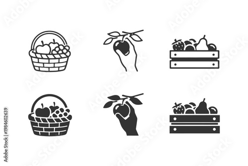 Black and white fruit icons: baskets, hands, and crates.