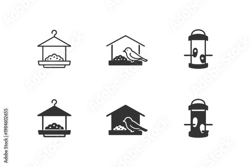 Minimalist bird feeder icons collection with seeded designs.