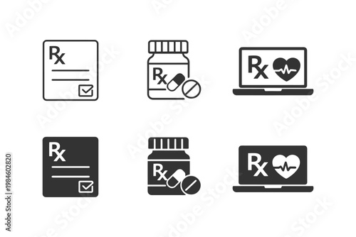 Prescription and online pharmacy icons featuring pills and medical symbols.