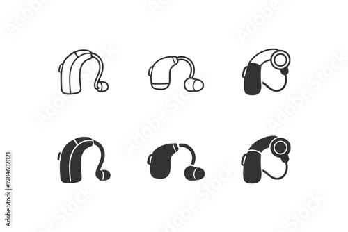 Collection of hearing aid icons in various styles on white background.