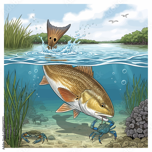 Redfish hunting blue crab in shallow water habitat vector illustration,