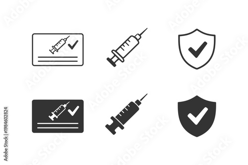 Vaccination icons: syringe and shield symbols for health and protection.