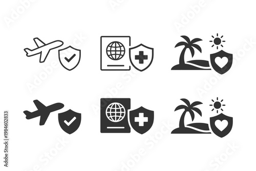 Travel safety and health icons: plane, passport, shield, beach, palm, sun, heart.