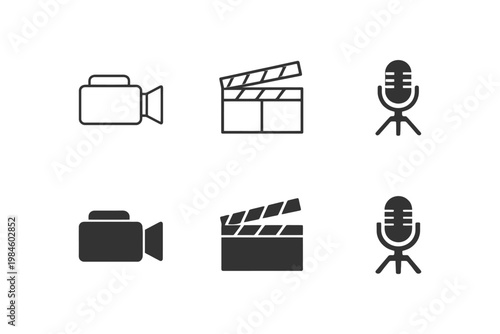 Minimalist icons of video camera, clapboard, and microphone on white background.