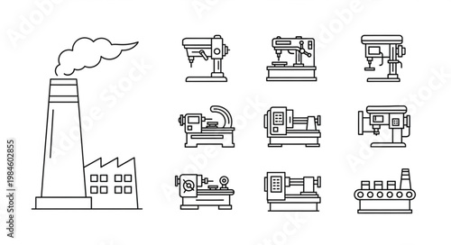 Industrial Factory and Machinery Icons.