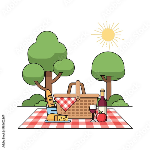 Picnic Basket with Food and Wine in Park Under Sunny Sky