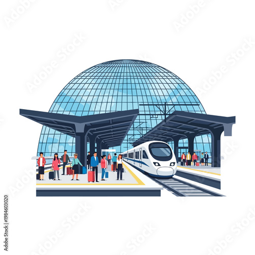 Modern High-Speed Train Station with Travelers and Futuristic Dome Architecture