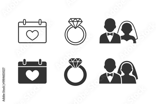Wedding icons set featuring calendar, engagement ring, and bride and groom silhouettes.