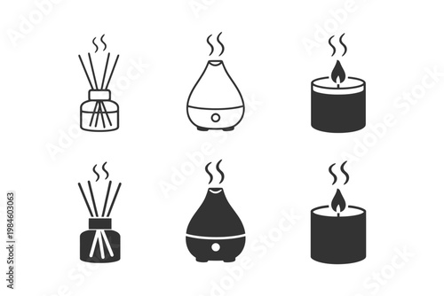 Aromatherapy icons set featuring diffusers and scented candles.