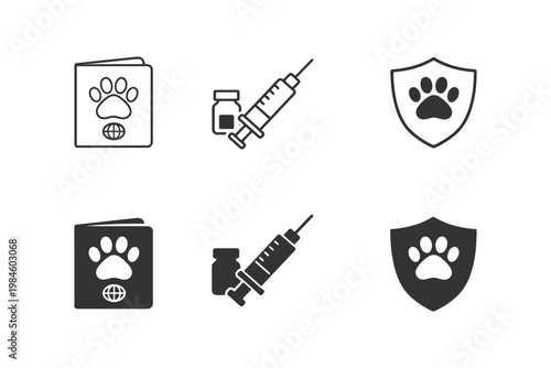Pet vaccination icons set featuring passport, syringe, shield with paw print.