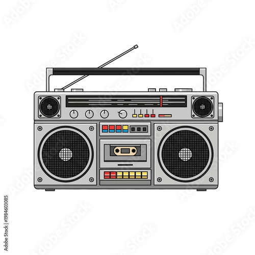 Retro boombox cassette player with antenna, vintage audio device, 80s music style