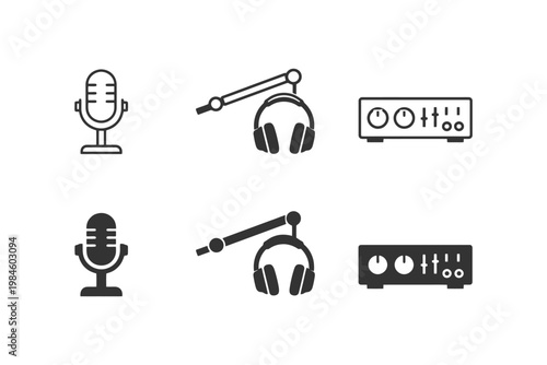 Retro and modern audio icons set with microphone, headphones, and audio mixer symbols.