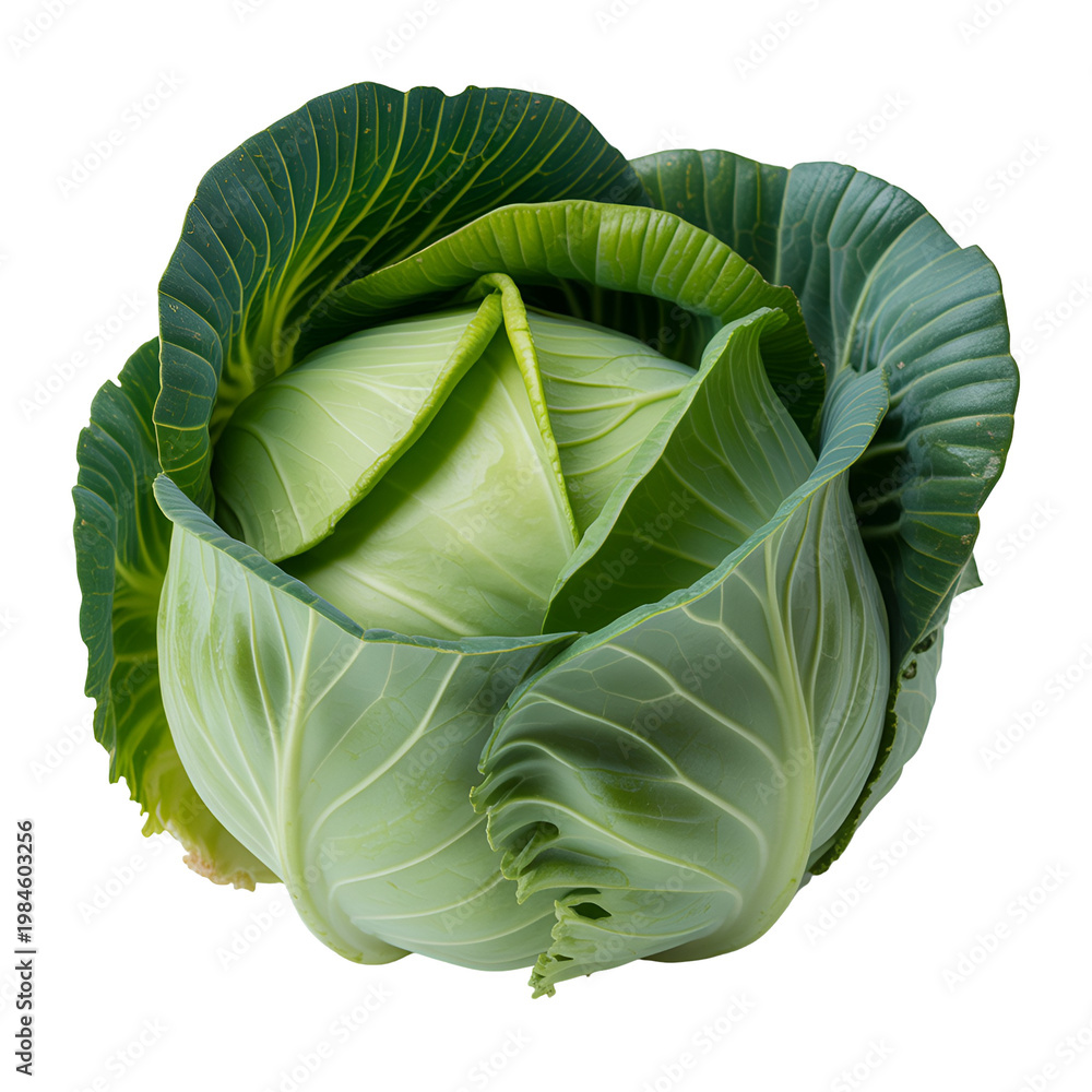 Obraz premium Fresh green cabbage with tightly wrapped leaves isolated on white background
