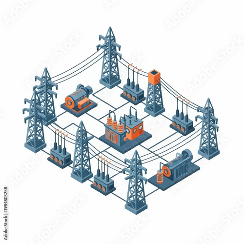 Isometric Power Grid Network with Transmission Towers and Substations.