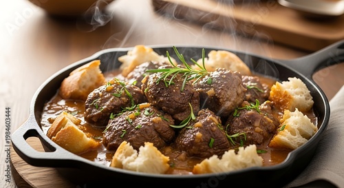A hearty dish of short ribs and bread in a savory sauce, garnished with herbs and served in a cast iron skillet on a wooden board