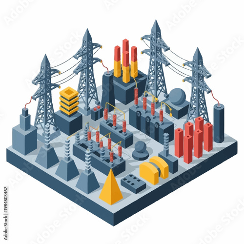 Isometric Power Station Electrical Substation Infrastructure.