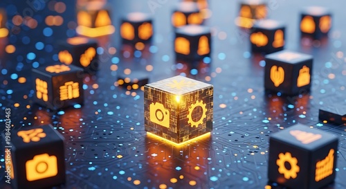 Glowing cubes with camera and gear icons on a circuit board with blue and orange lights