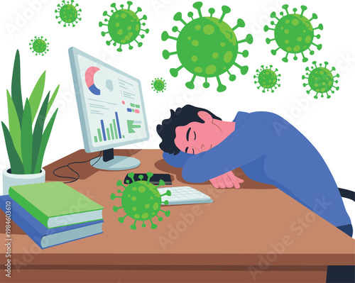 Exhausted person at desk, computer charts graphs, virus shapes surrounding, workplace illness fatigue illustration, health productivity stress artwork