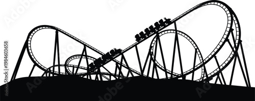 Roller coaster silhouette, amusement park ride for thrill entertainment and fun illustration