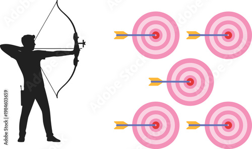 Silhouette archer aiming bow, arrows hitting bullseye targets, precision accuracy illustration, sports training artwork, competitive archery concept drawing