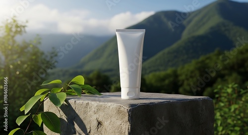 White cosmetic tube on a stone pedestal in a natural mountainous landscape with green trees and blue sky
