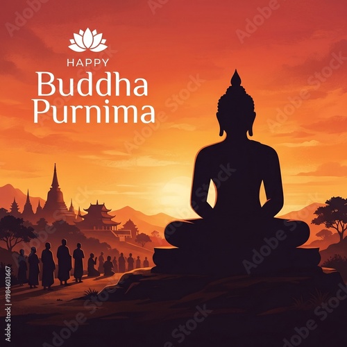 Buddha Purnima, Buddhist holiday, meditation, serene landscape, orange sunset