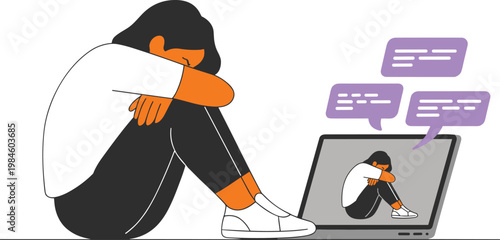 Person sitting beside laptop, emotional distress illustration, cyberbullying online communication concept, isolation digital artwork, mental health technology scene