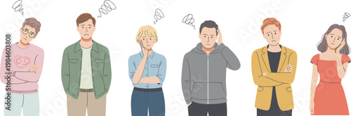 Group of confused people illustration, spiral scribbles above heads, frustration uncertainty concept, decision making problem solving artwork, emotional stress scene