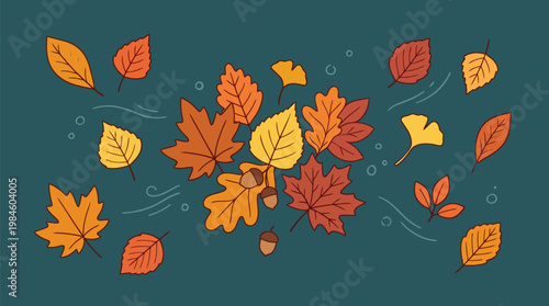 Colorful Autumn Leaves Falling on Dark Green Background