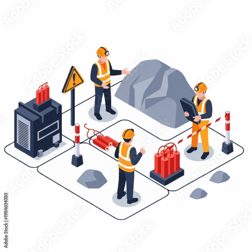 Miners working with explosives and equipment at a mine site.