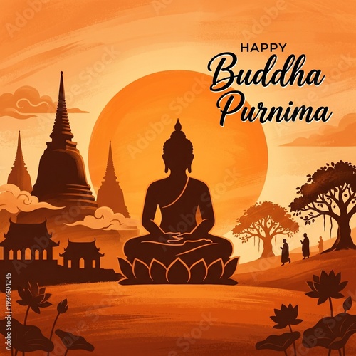 Buddha, meditation, orange sunset, Buddhist celebration, Happy Buddha Purnima