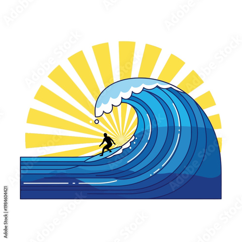 Surfer Riding Giant Ocean Wave Under Bright Sun Rays - Vector Illustration