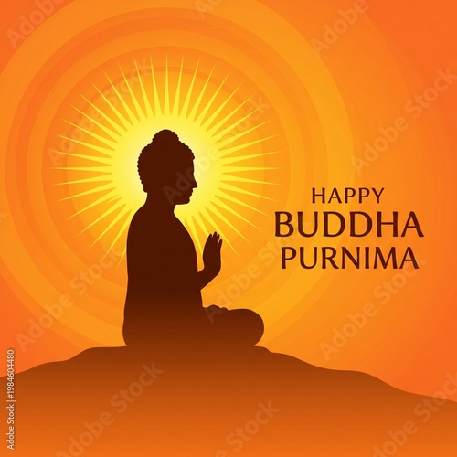 Buddha Purnima, Happy Buddha Purnima, Buddhist Holiday, Meditation Silhouette, Orange Background