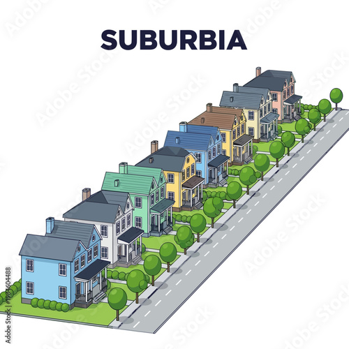 Suburban street with row of diverse houses and trees, illustration