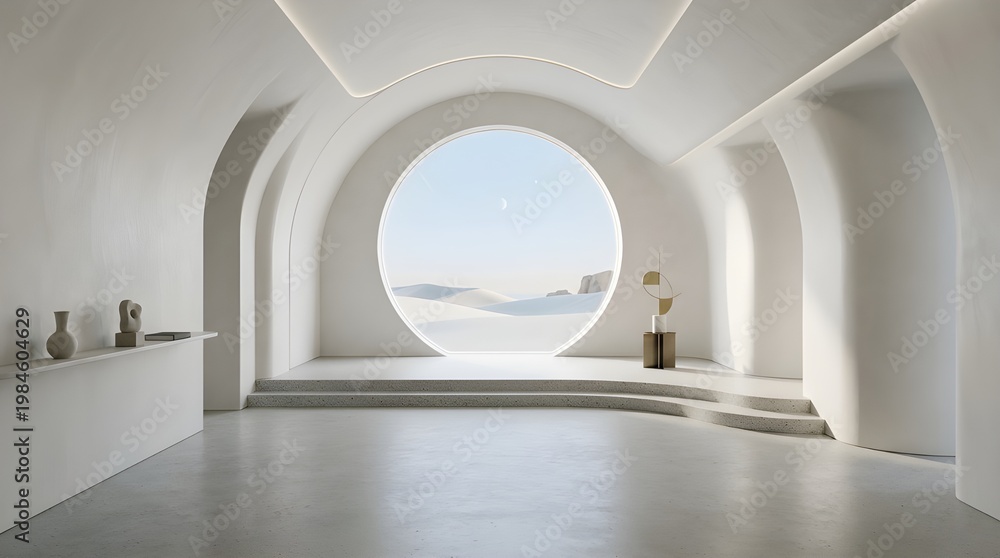 Fototapeta premium Zen Minimalist Architecture Interior with Large Circular Window Overlooking Sand Dunes, Stepped Floor and Modern Art Decor