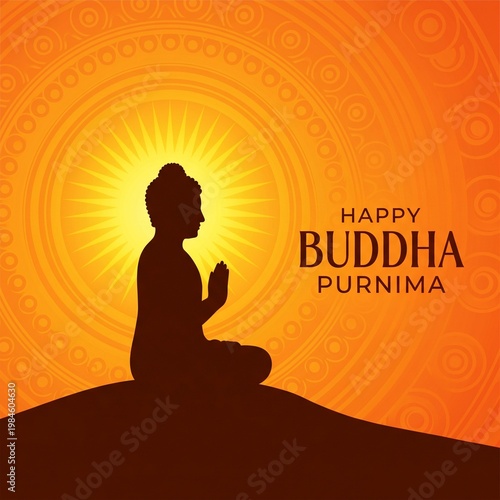 Buddha Purnima, Meditation Silhouette, Orange Mandala Background, Buddhist Celebration