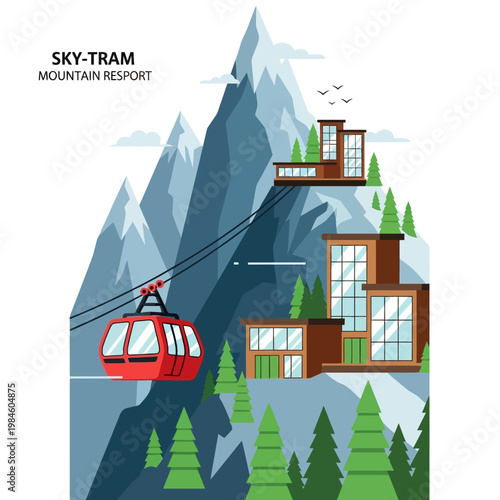 Ski Tram Cable Car Ascending Mountain Resort Buildings with Pine Trees
